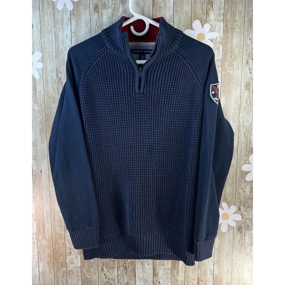 Tommy Hilfiger Boys Sweater Sz XL 20 Navy Blue Pullover‎ Fleece Raglan Sleeves